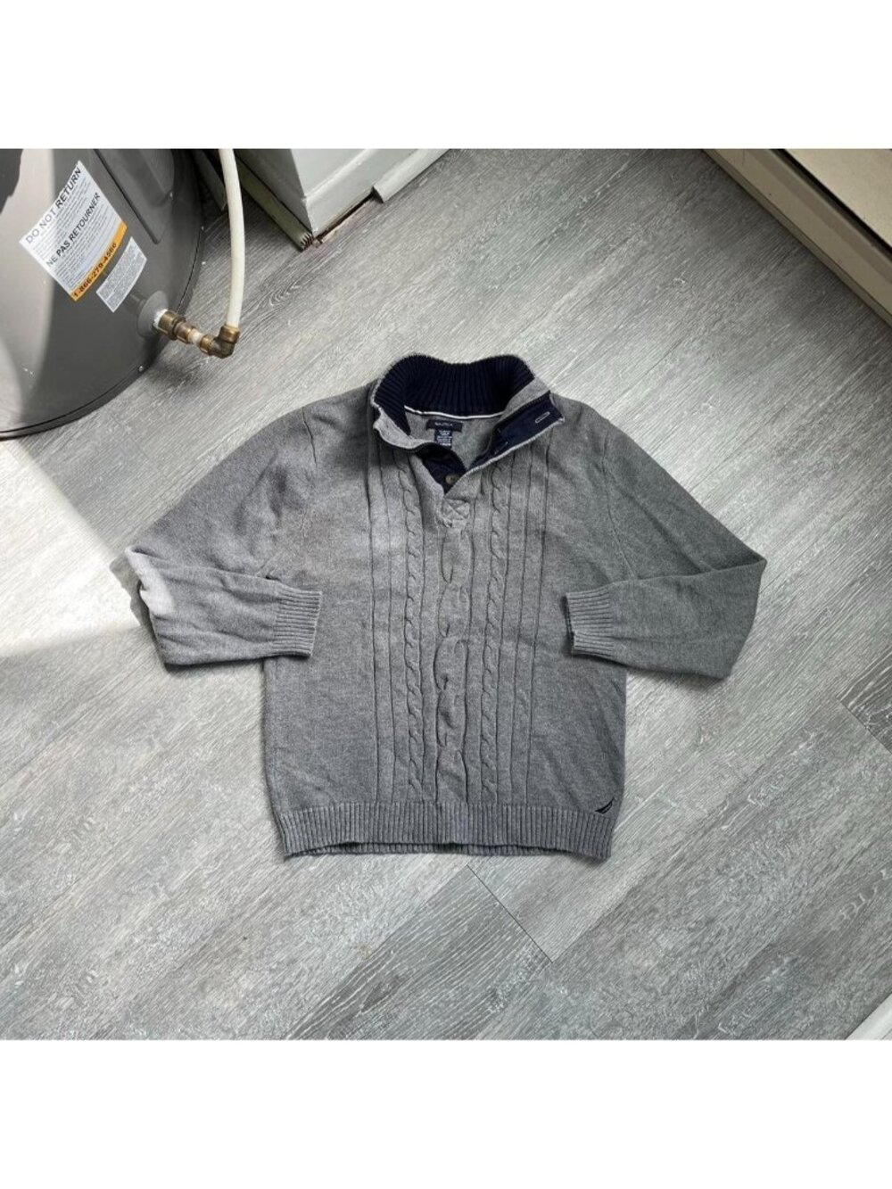 Grey / Navy Blue Nautica Quarter-Zip / Button-Up Cable Knit Collared Sweater